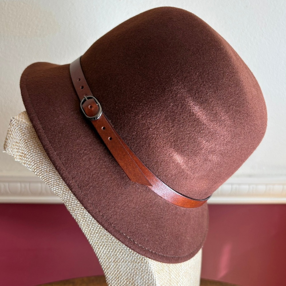 Vintage Filippo Catarzi Brown 100% Wool‎ Cloche Hat Made in Italy Leather Band